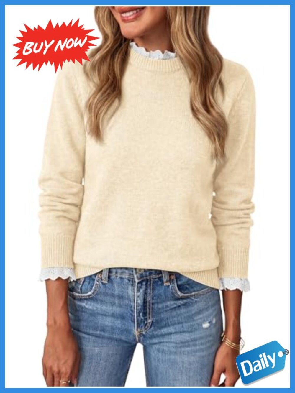Womens Lightweight Lace Knit Pullover Sweater Crew Neck Long Sleeve Casual